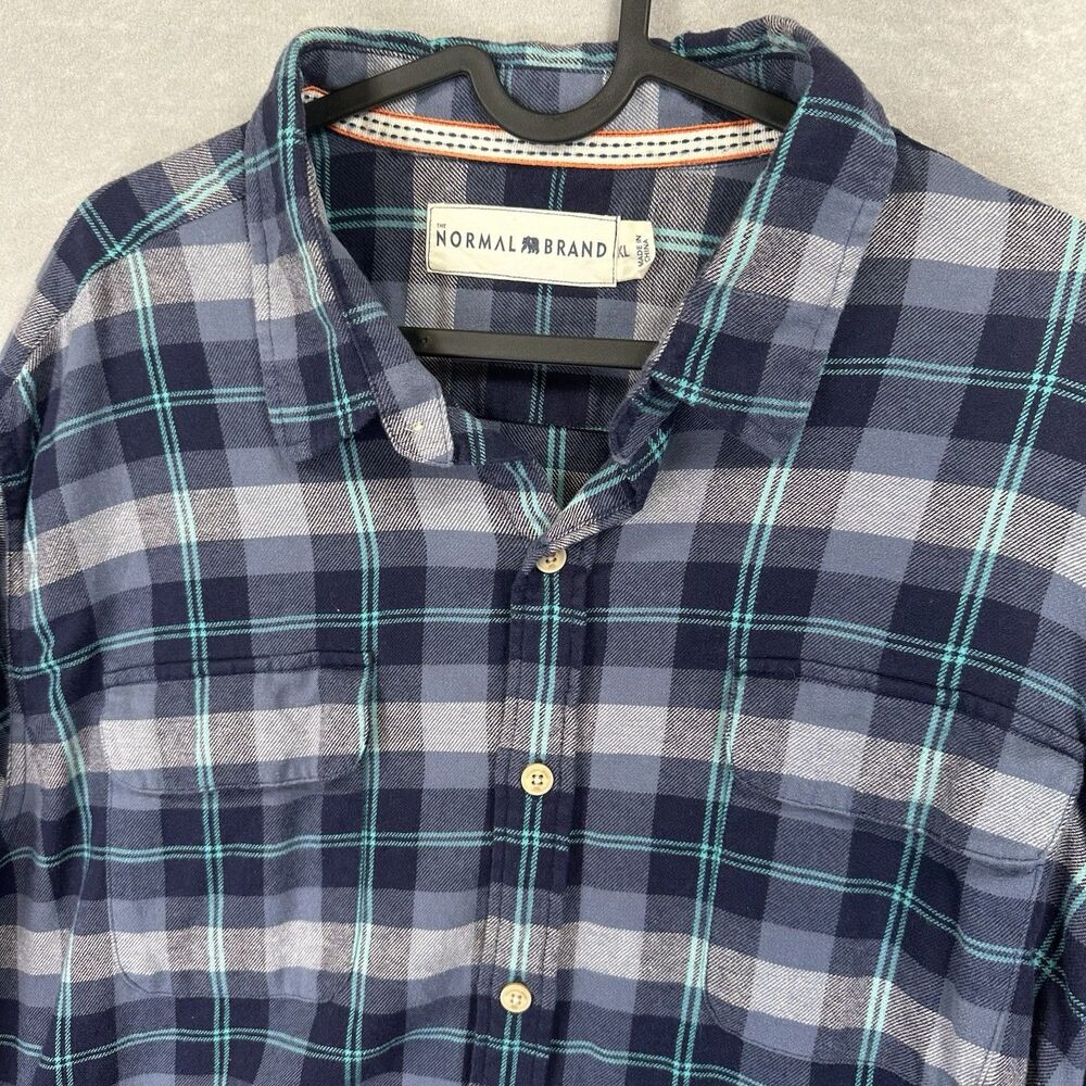 The Normal Brand Shirt Men XL Blue Orange Flannel Plaid Button Down Preppy Dress